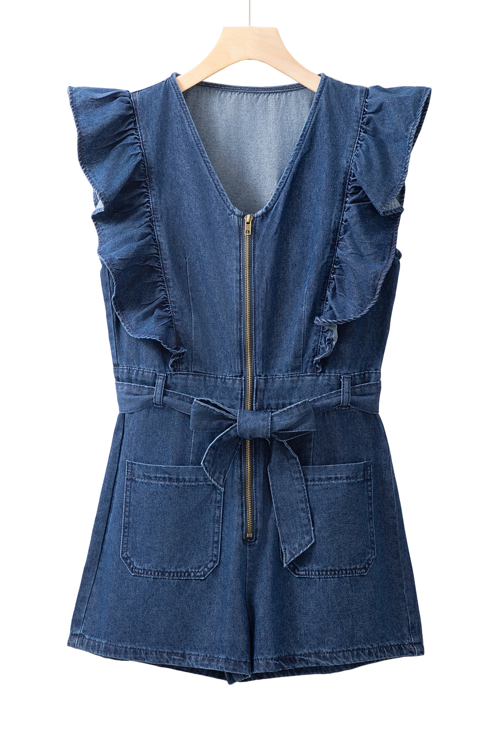 Sail Blue Denim Ruffled Zipped Front Belted Romper - MAD RUFFI