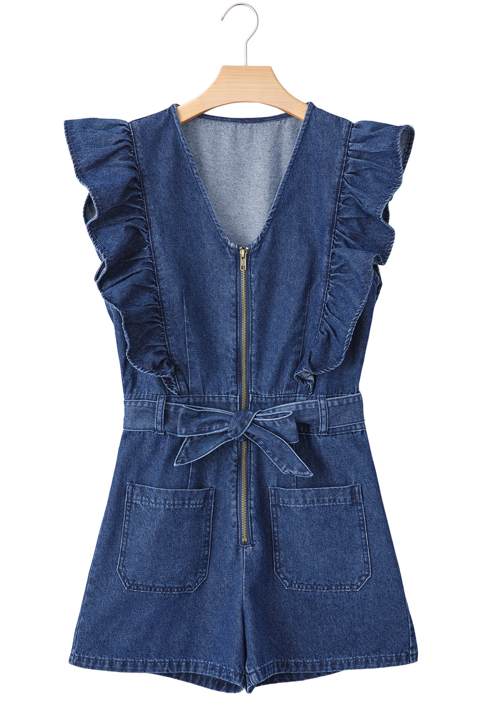 Sail Blue Denim Ruffled Zipped Front Belted Romper - MAD RUFFI