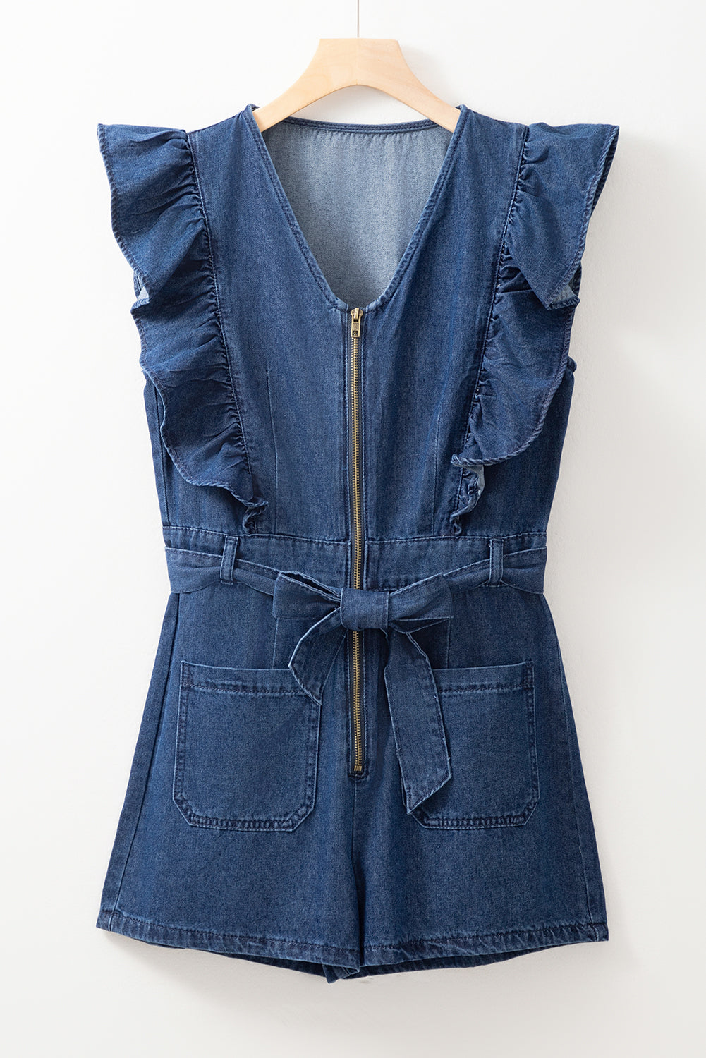 Sail Blue Denim Ruffled Zipped Front Belted Romper - MAD RUFFI