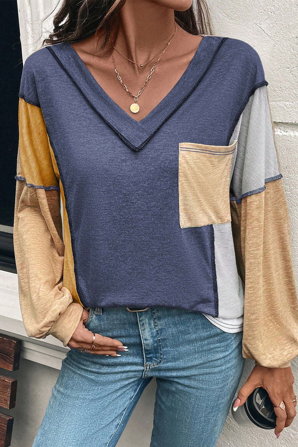 Sail Blue Exposed Stitching Colorblock V Neck Long Sleeve Top - MAD RUFFI