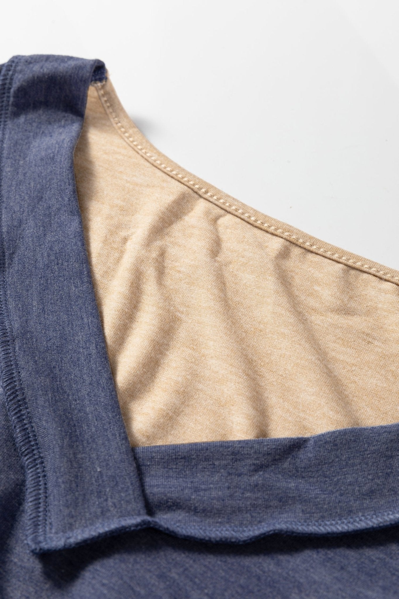 Sail Blue Exposed Stitching Colorblock V Neck Long Sleeve Top - MAD RUFFI