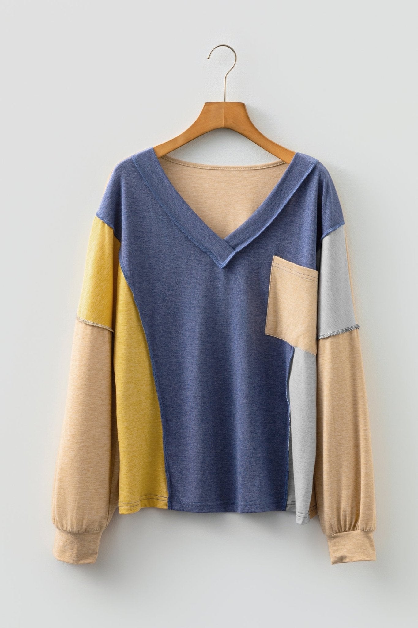Sail Blue Exposed Stitching Colorblock V Neck Long Sleeve Top - MAD RUFFI