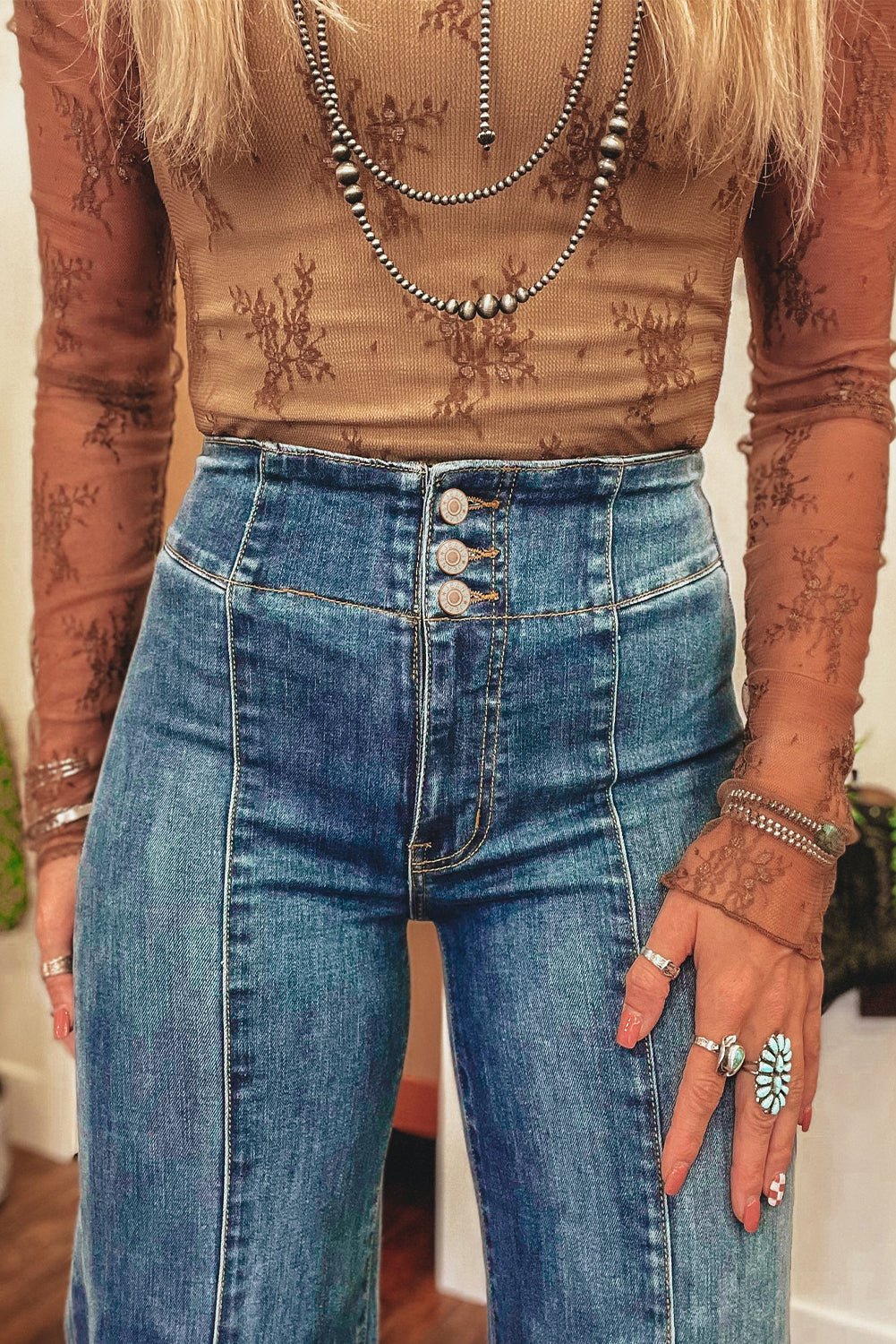 sail blue high waist button raw hem jeans - MAD RUFFI