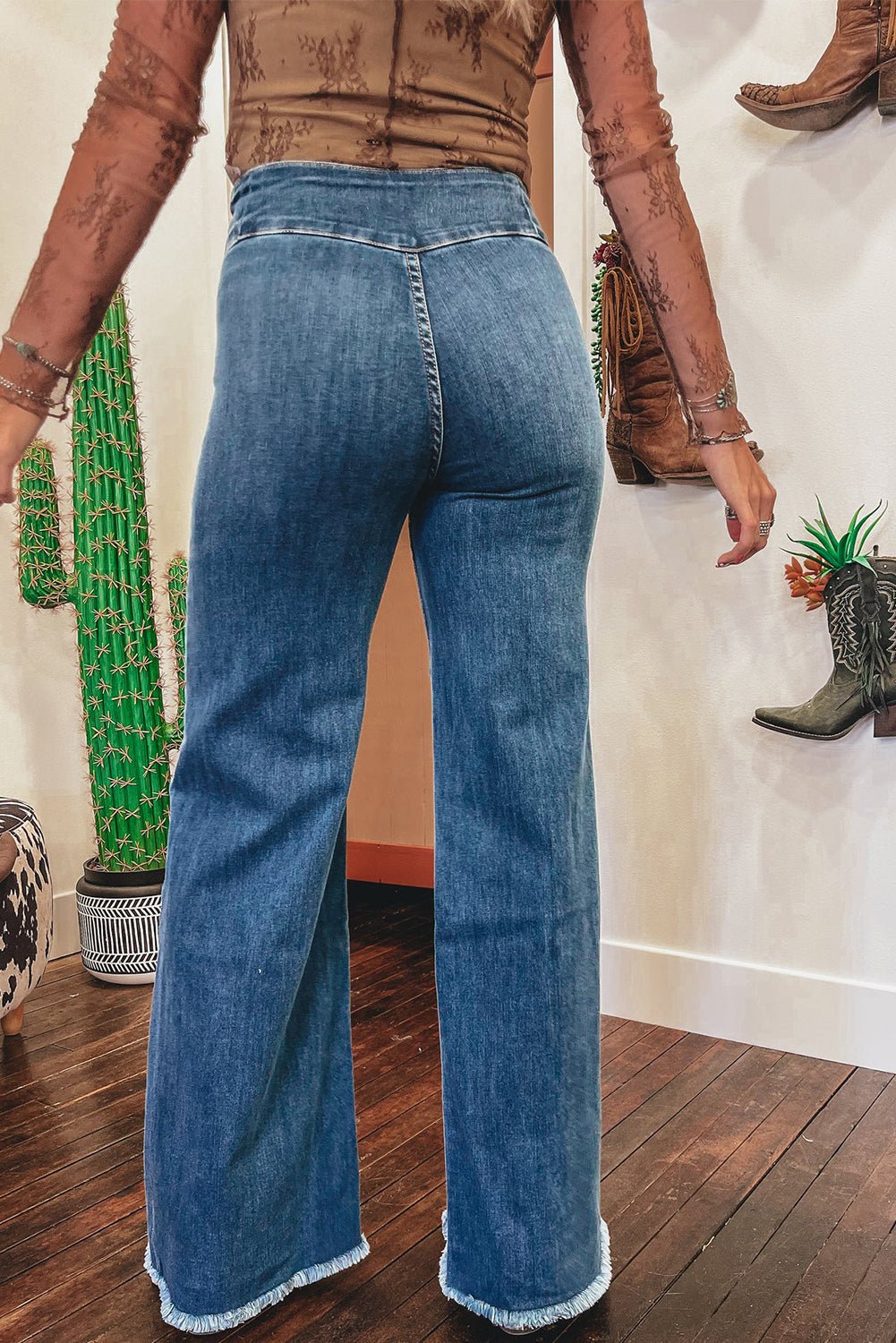 sail blue high waist button raw hem jeans - MAD RUFFI