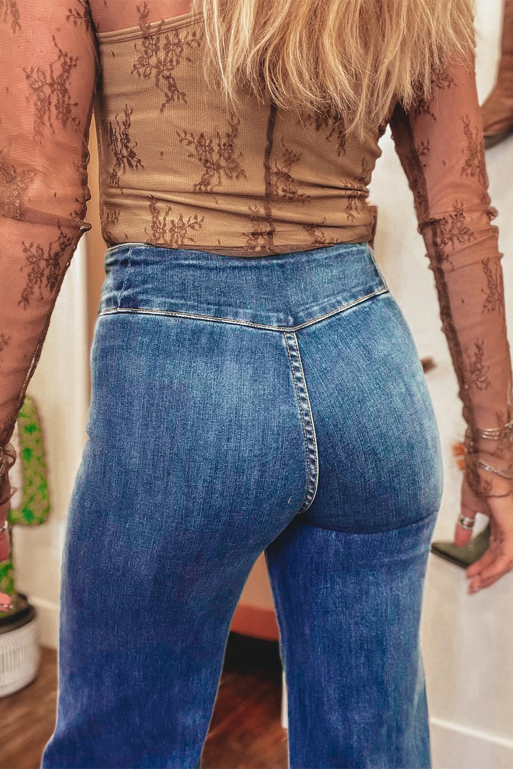 sail blue high waist button raw hem jeans - MAD RUFFI