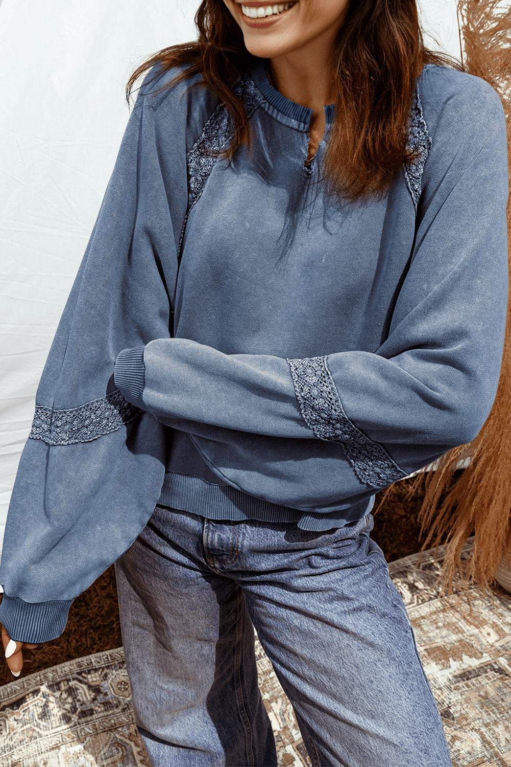 Sail Blue Lace Applique Notched Neck Mineral Wash Baggy Sweatshirt - MAD RUFFI