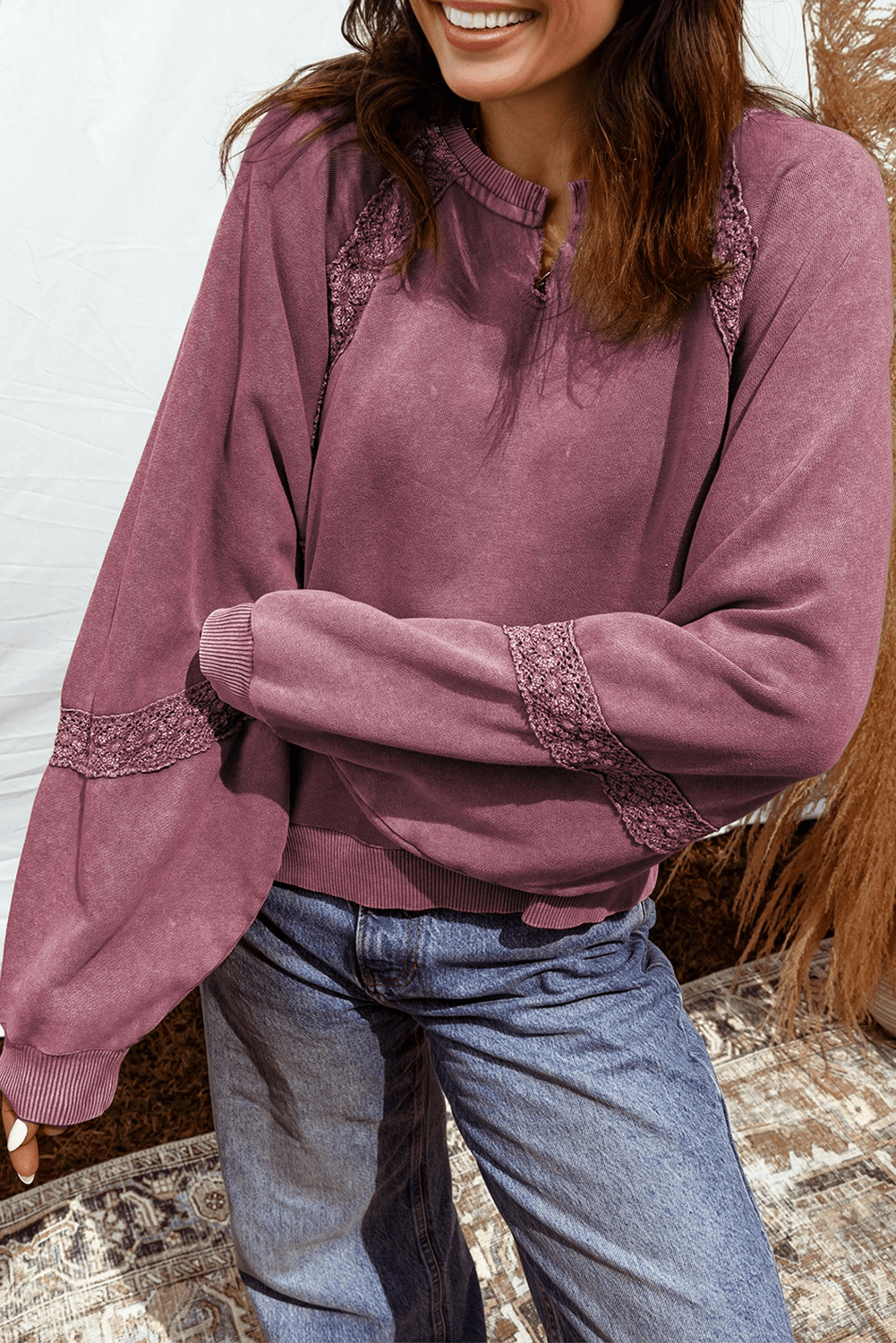 Sail Blue Lace Applique Notched Neck Mineral Wash Baggy Sweatshirt - MAD RUFFI