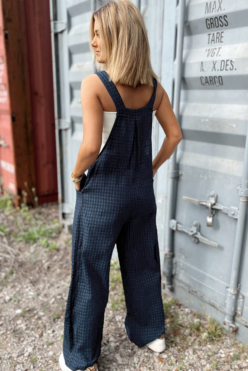 Sail Blue Plaid Print Buttoned Pocket High Waist Overall - MAD RUFFI