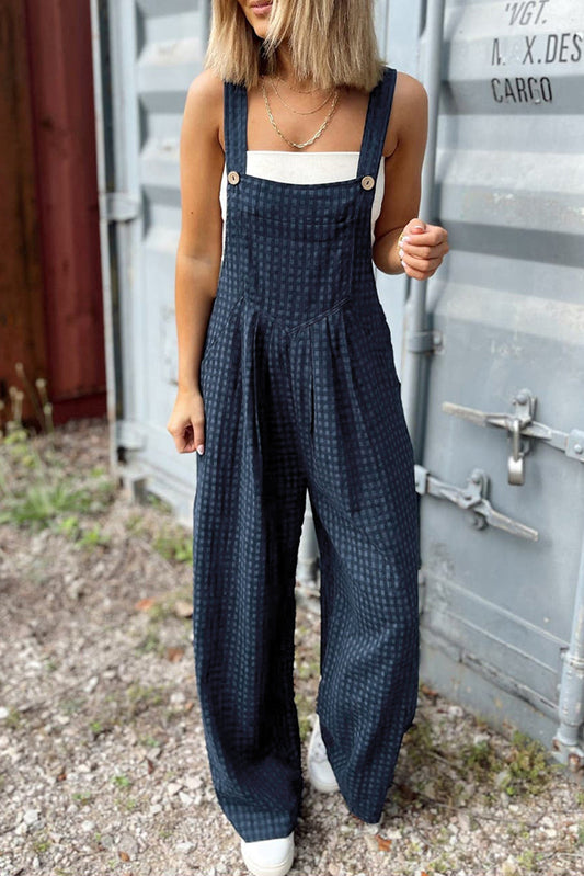 Sail Blue Plaid Print Buttoned Pocket High Waist Overall - MAD RUFFI