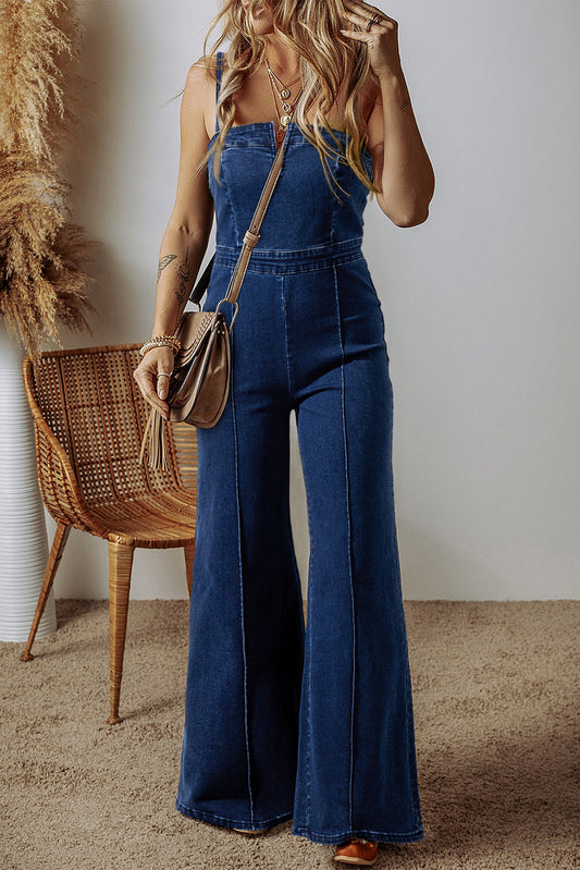 Sail Blue Seamed Zipper Spaghetti Strap High Waist Flared Jumpsuit - MAD RUFFI