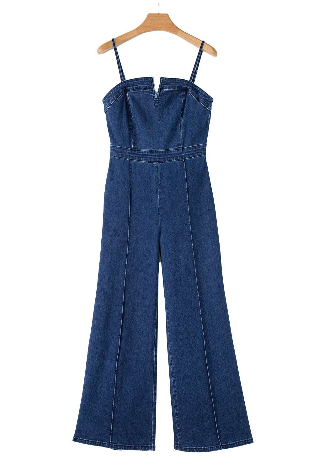 Sail Blue Seamed Zipper Spaghetti Strap High Waist Flared Jumpsuit - MAD RUFFI