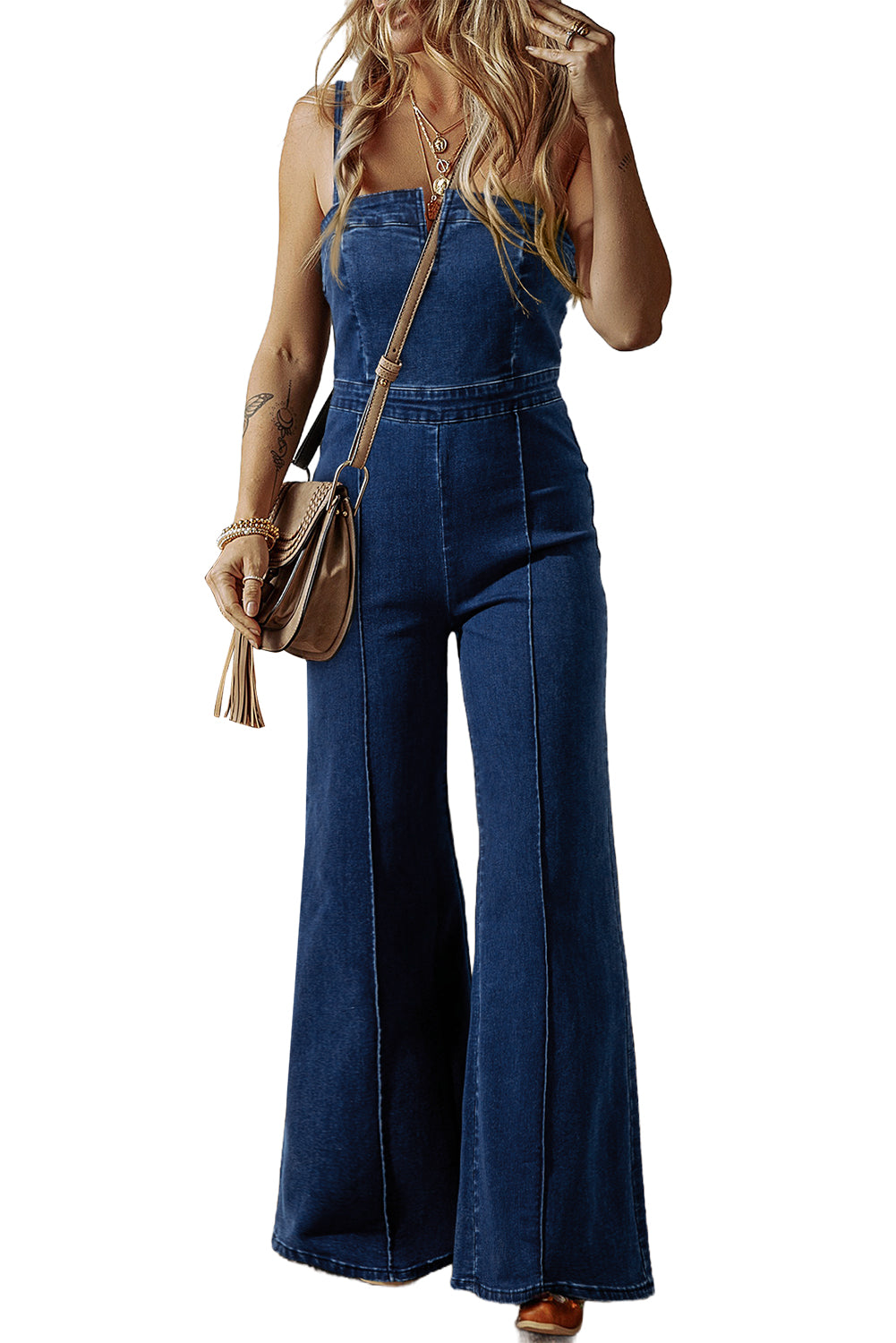 Sail Blue Seamed Zipper Spaghetti Strap High Waist Flared Jumpsuit - MAD RUFFI