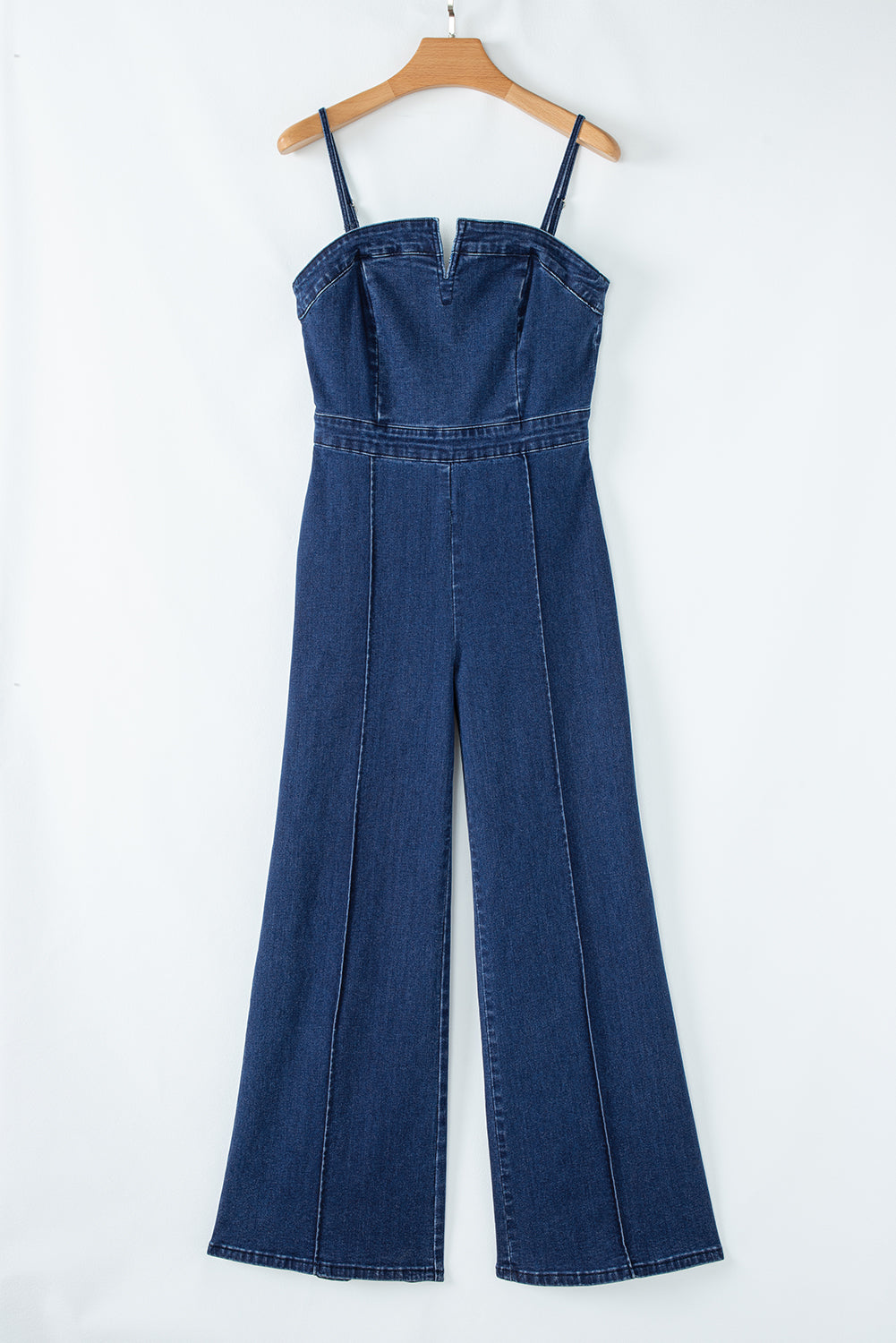 Sail Blue Seamed Zipper Spaghetti Strap High Waist Flared Jumpsuit - MAD RUFFI