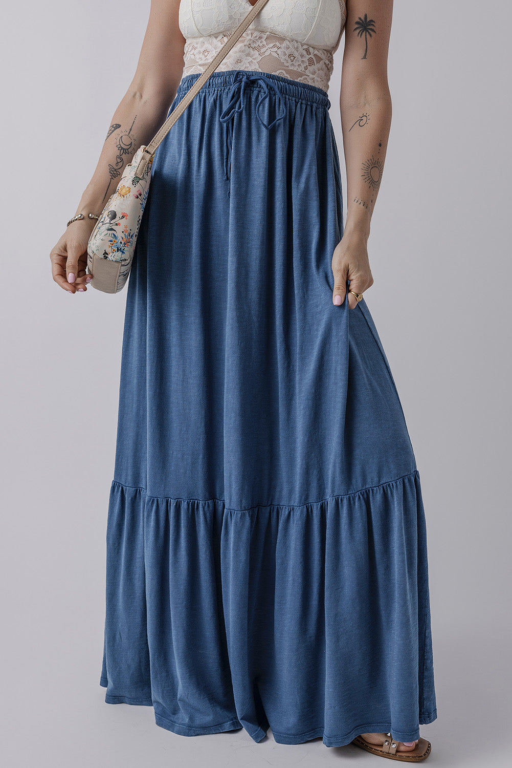 Sail Blue Solid Color Lace Up High Waist Tiered Maxi Skirt - MAD RUFFI