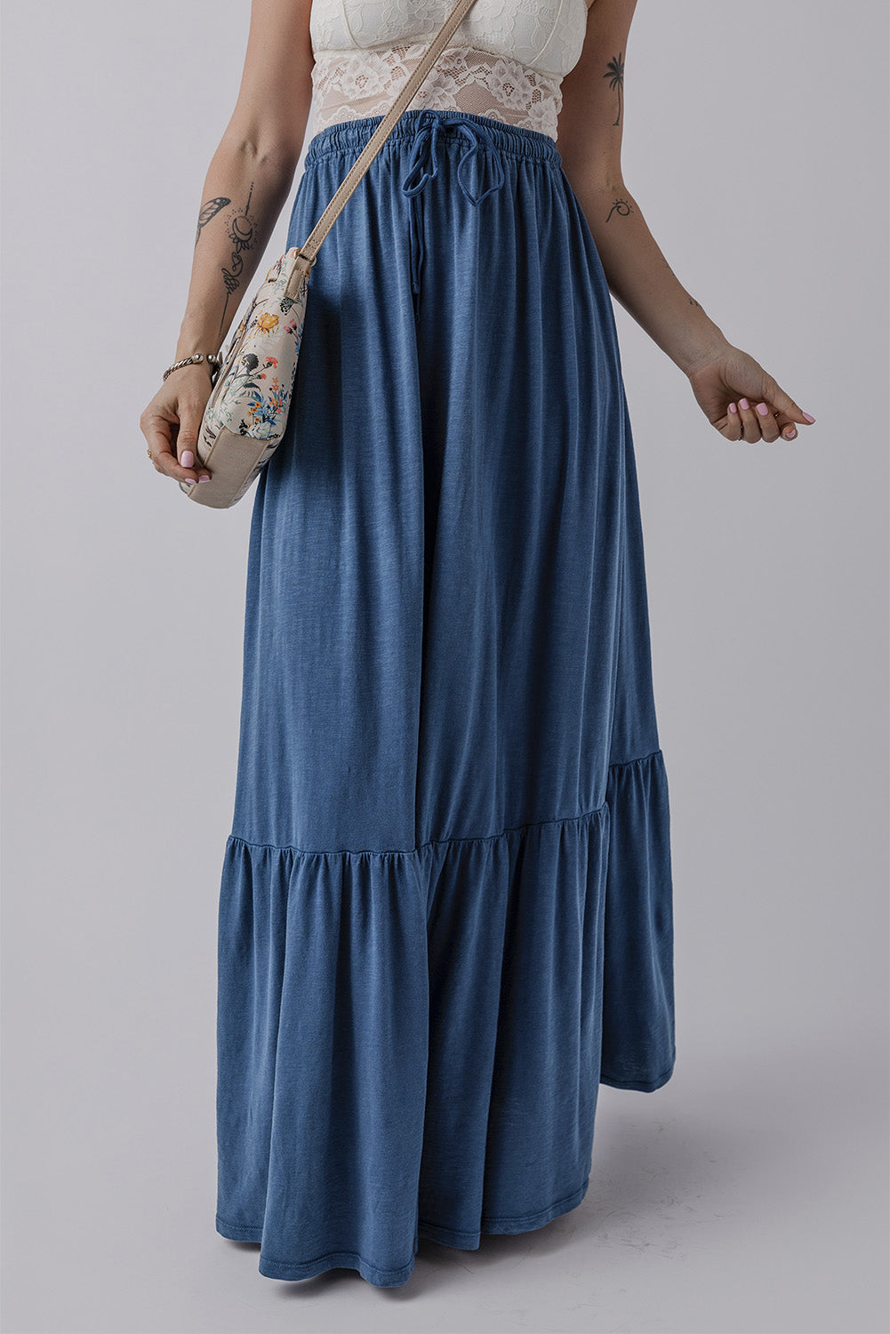 Sail Blue Solid Color Lace Up High Waist Tiered Maxi Skirt - MAD RUFFI