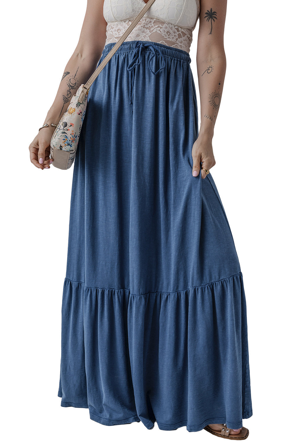 Sail Blue Solid Color Lace Up High Waist Tiered Maxi Skirt - MAD RUFFI