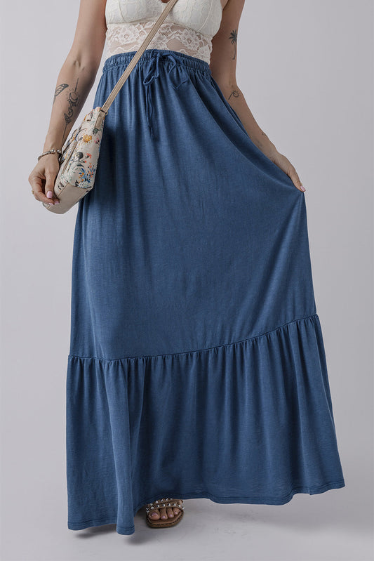 Sail Blue Solid Color Lace Up High Waist Tiered Maxi Skirt - MAD RUFFI