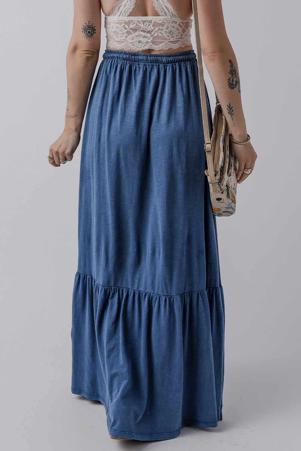 Sail Blue Solid Color Lace Up High Waist Tiered Maxi Skirt - MAD RUFFI