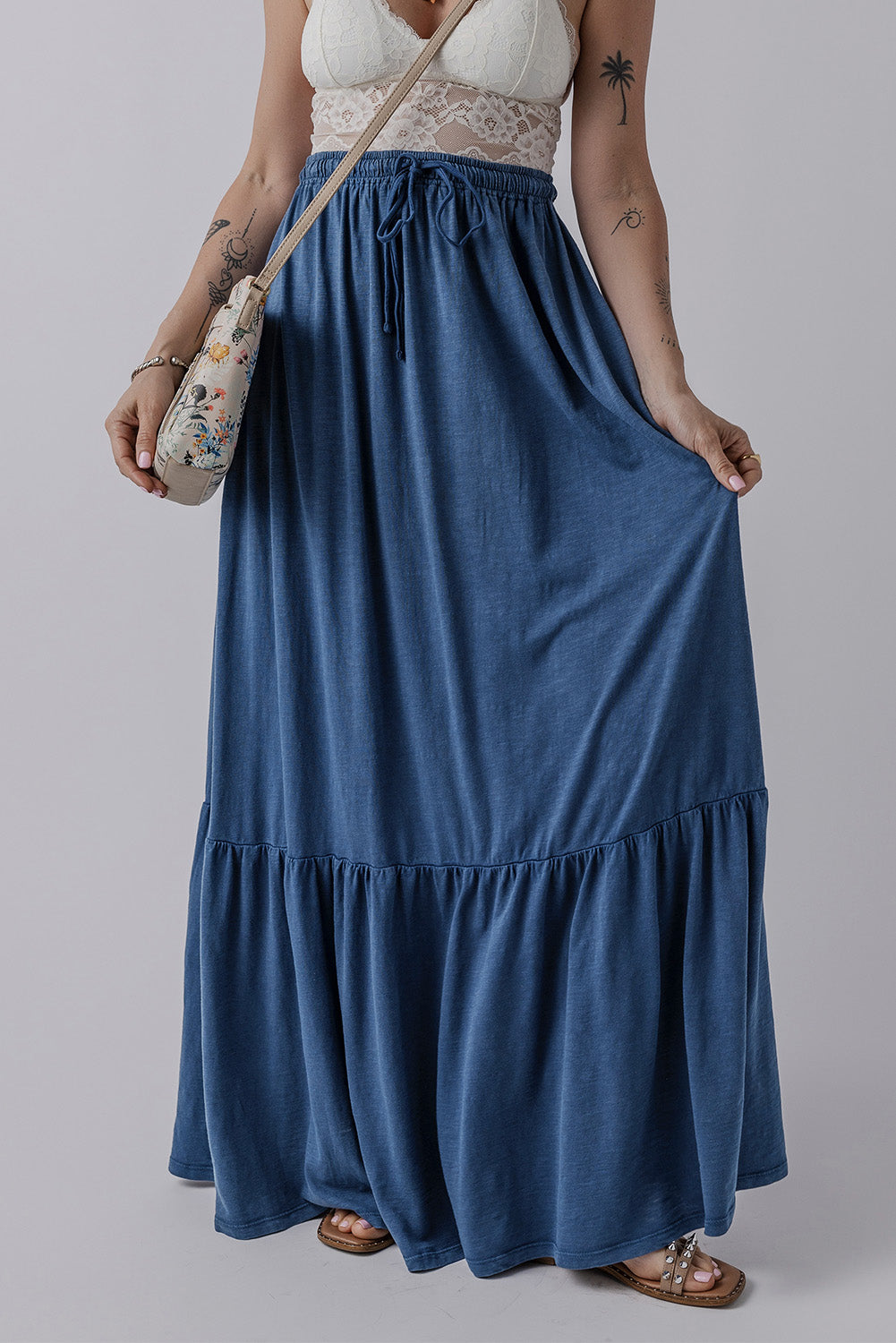 Sail Blue Solid Color Lace Up High Waist Tiered Maxi Skirt - MAD RUFFI