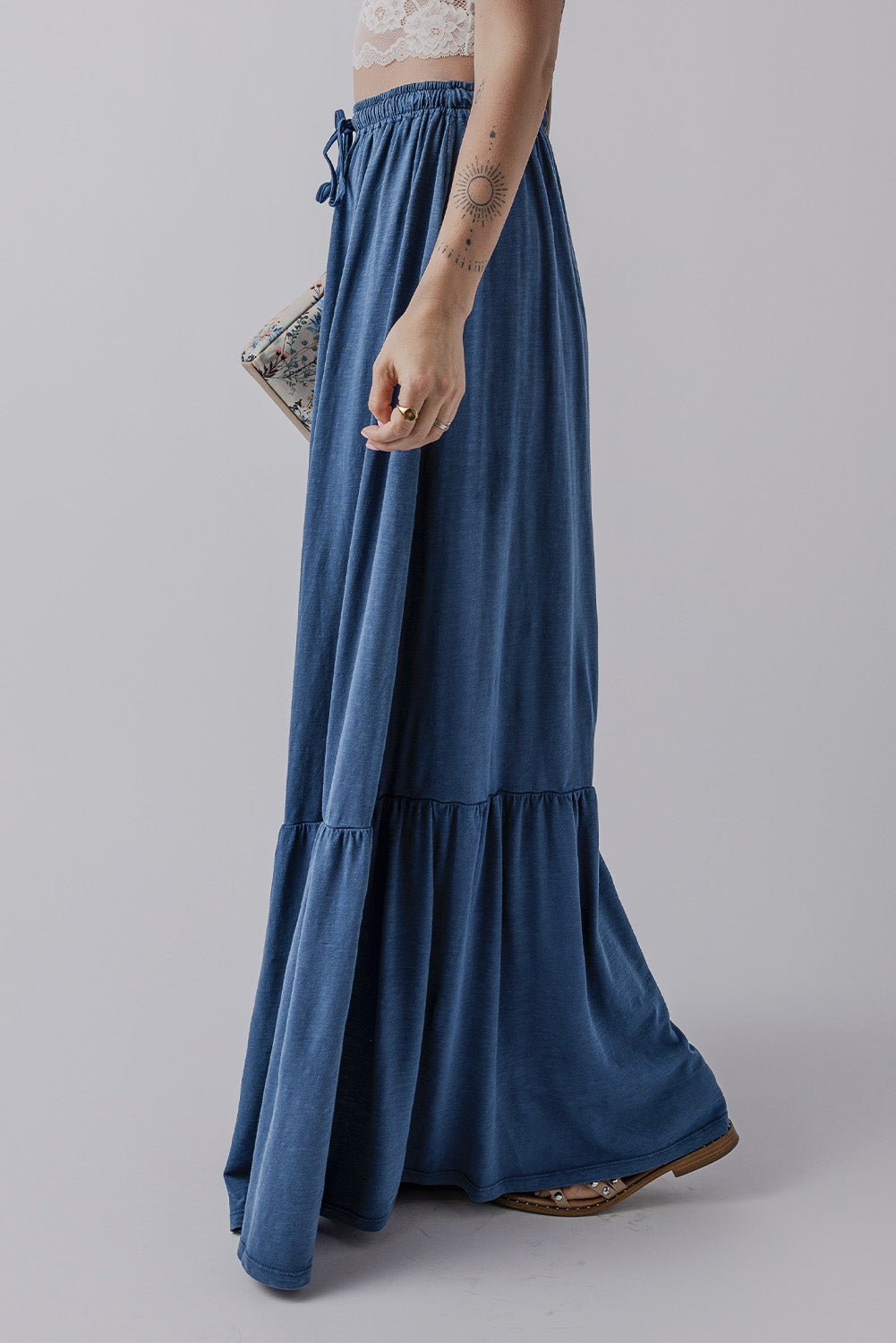 Sail Blue Solid Color Lace Up High Waist Tiered Maxi Skirt - MAD RUFFI