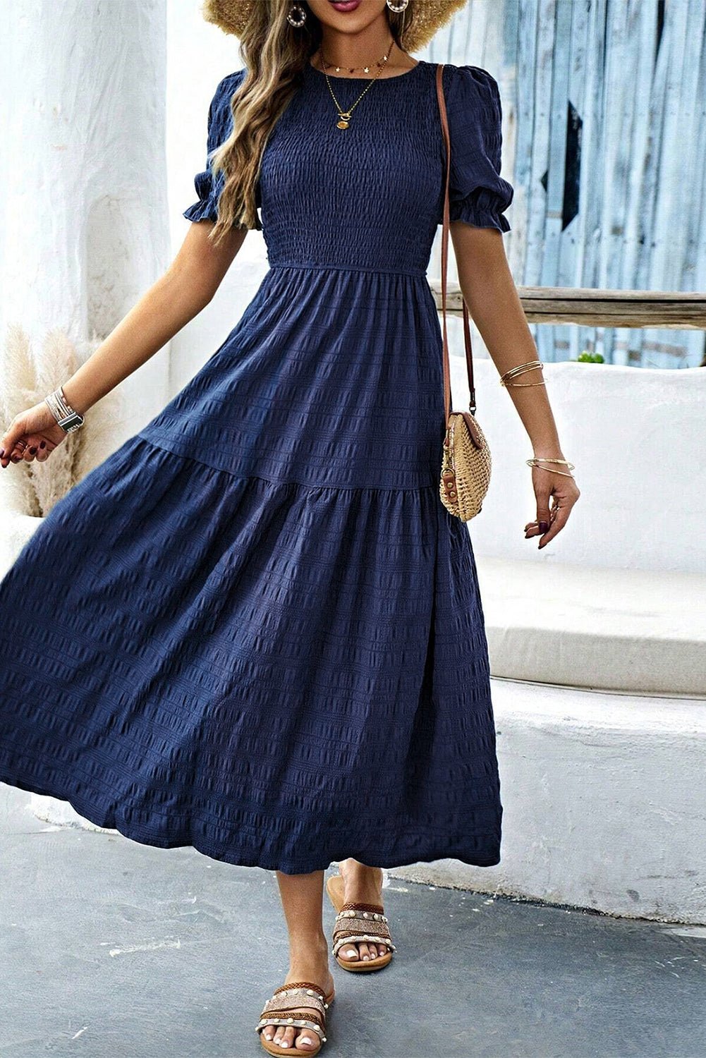 Sail Blue Solid Textured Smocked High Waist Midi Dress - MAD RUFFI