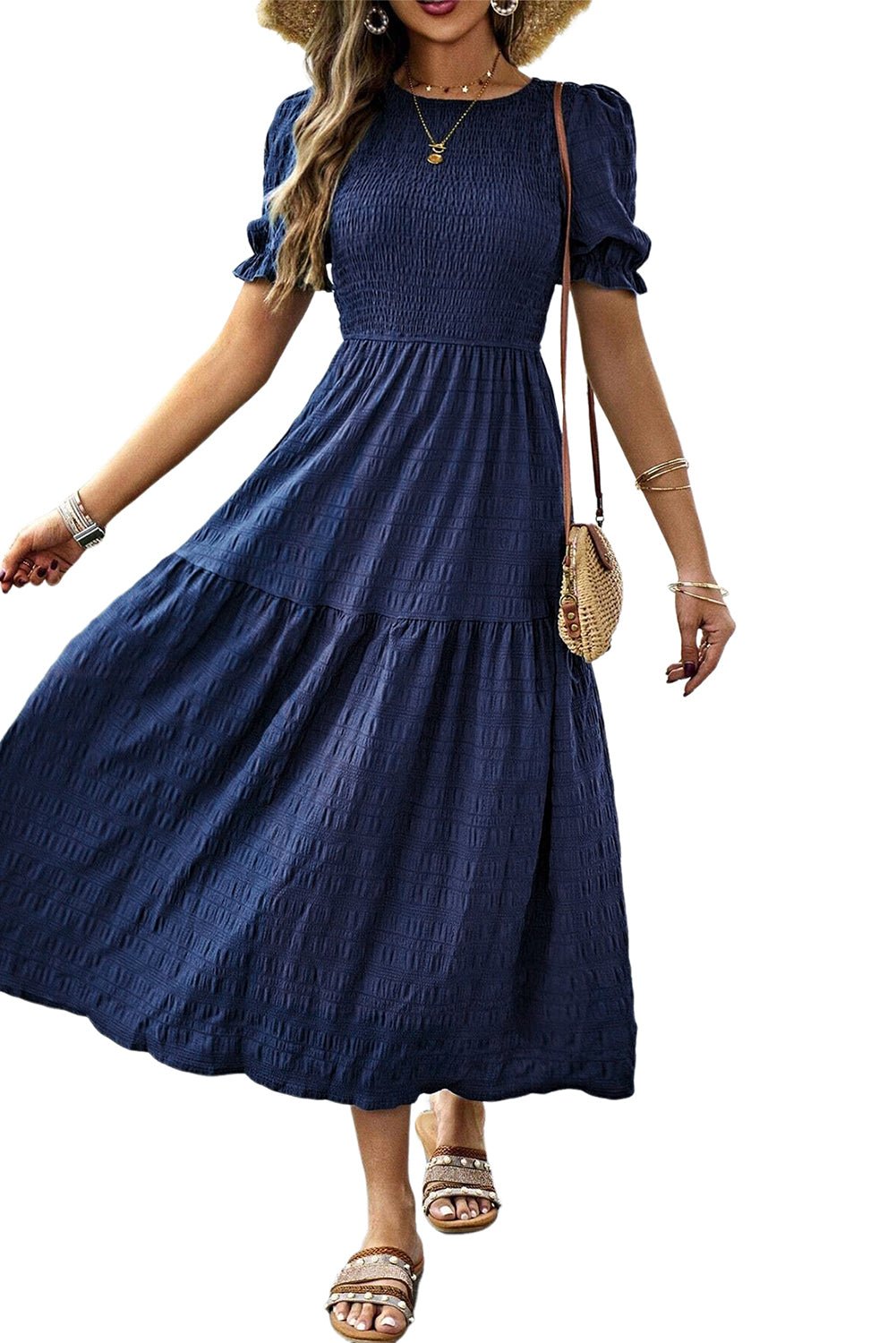 Sail Blue Solid Textured Smocked High Waist Midi Dress - MAD RUFFI
