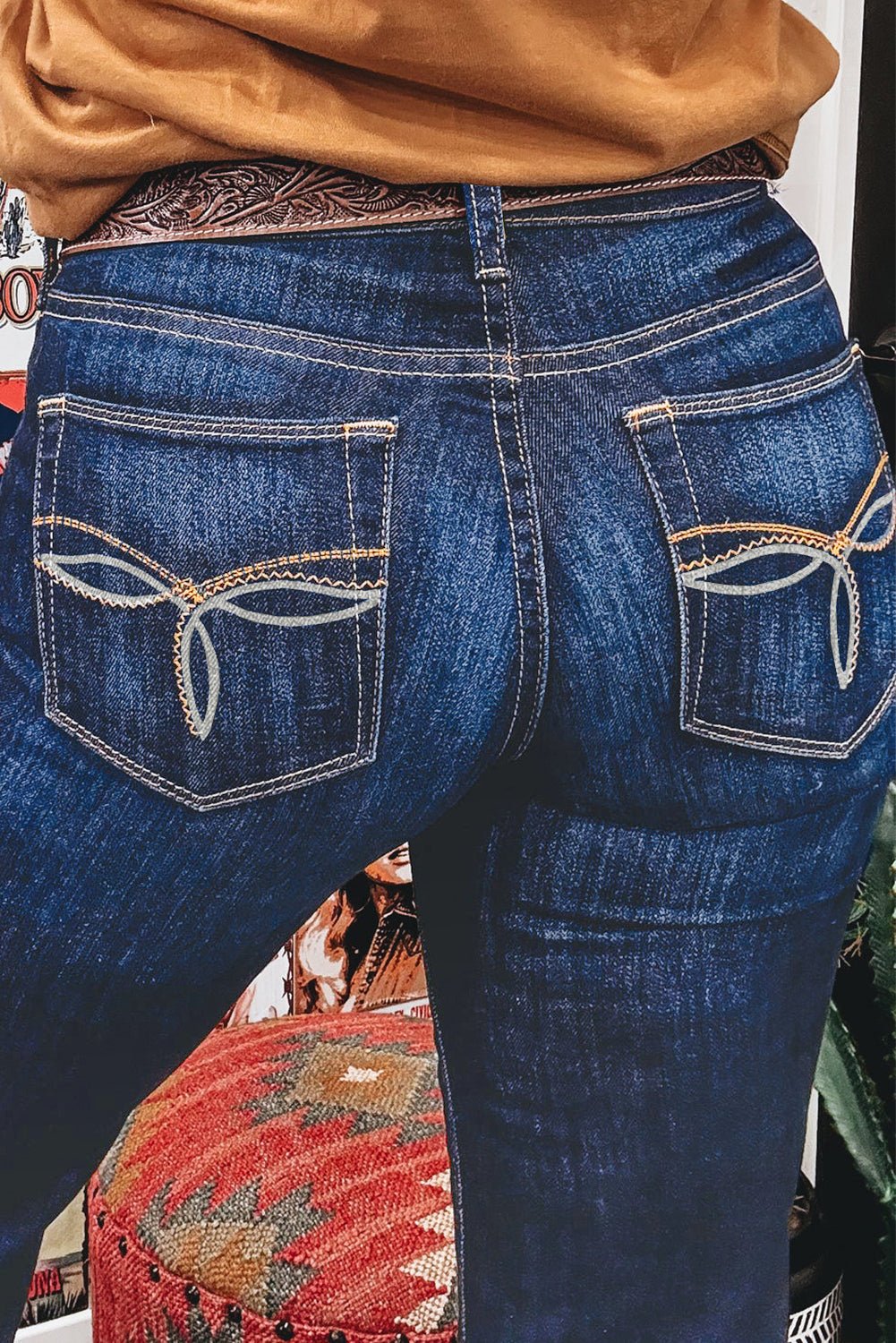 Sail Blue Stitch Patch Pocket Bootcut Jeans - MAD RUFFI