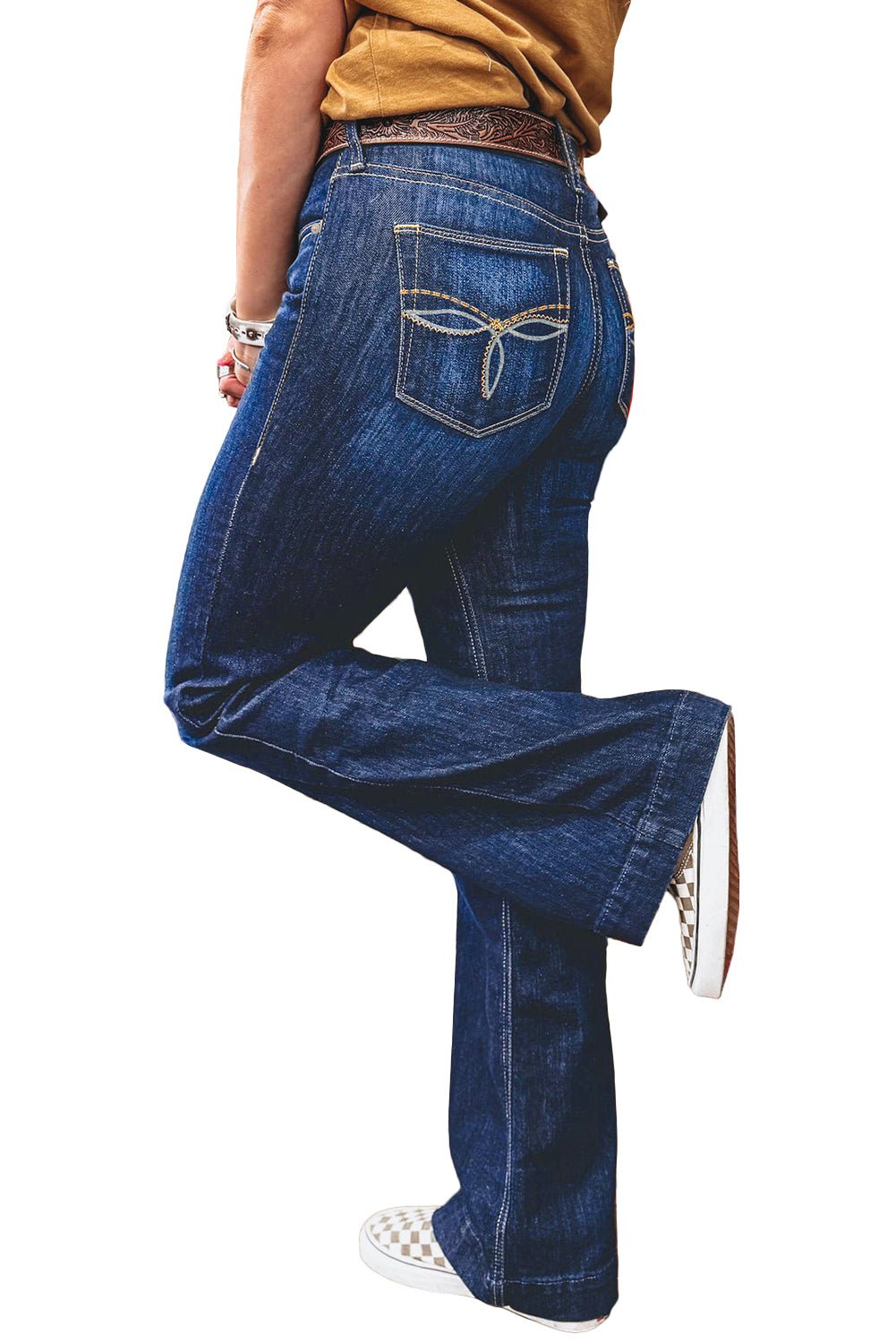 Sail Blue Stitch Patch Pocket Bootcut Jeans - MAD RUFFI