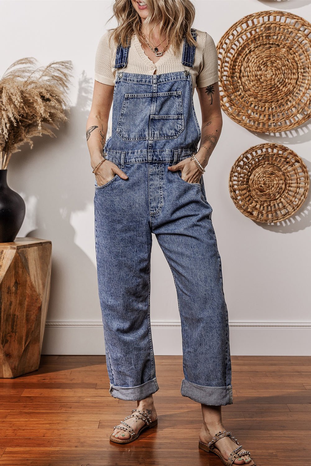Sail Blue Straight Leg Pockets Denim Bib Overall - MAD RUFFI