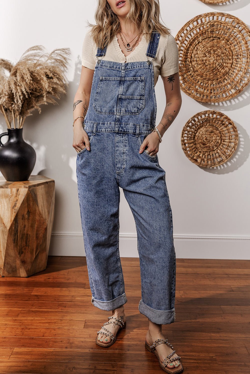 Sail Blue Straight Leg Pockets Denim Bib Overall - MAD RUFFI