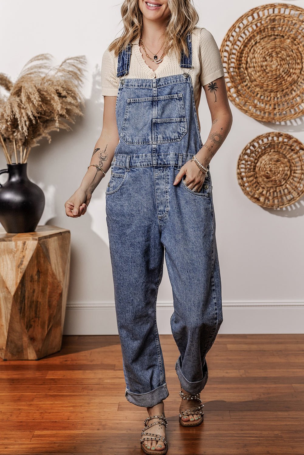 Sail Blue Straight Leg Pockets Denim Bib Overall - MAD RUFFI