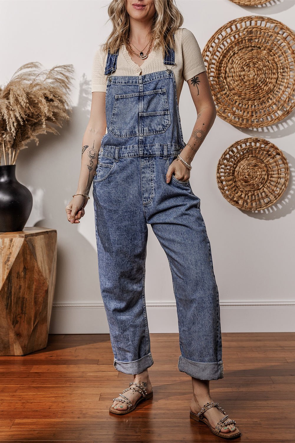 Sail Blue Straight Leg Pockets Denim Bib Overall - MAD RUFFI