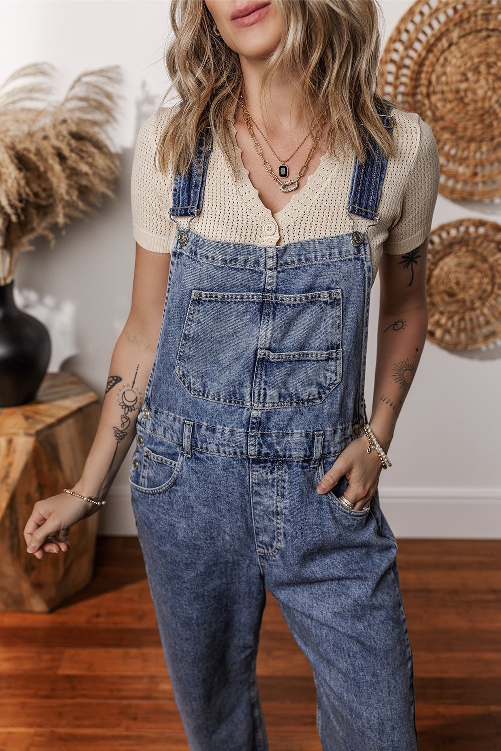 Sail Blue Straight Leg Pockets Denim Bib Overall - MAD RUFFI