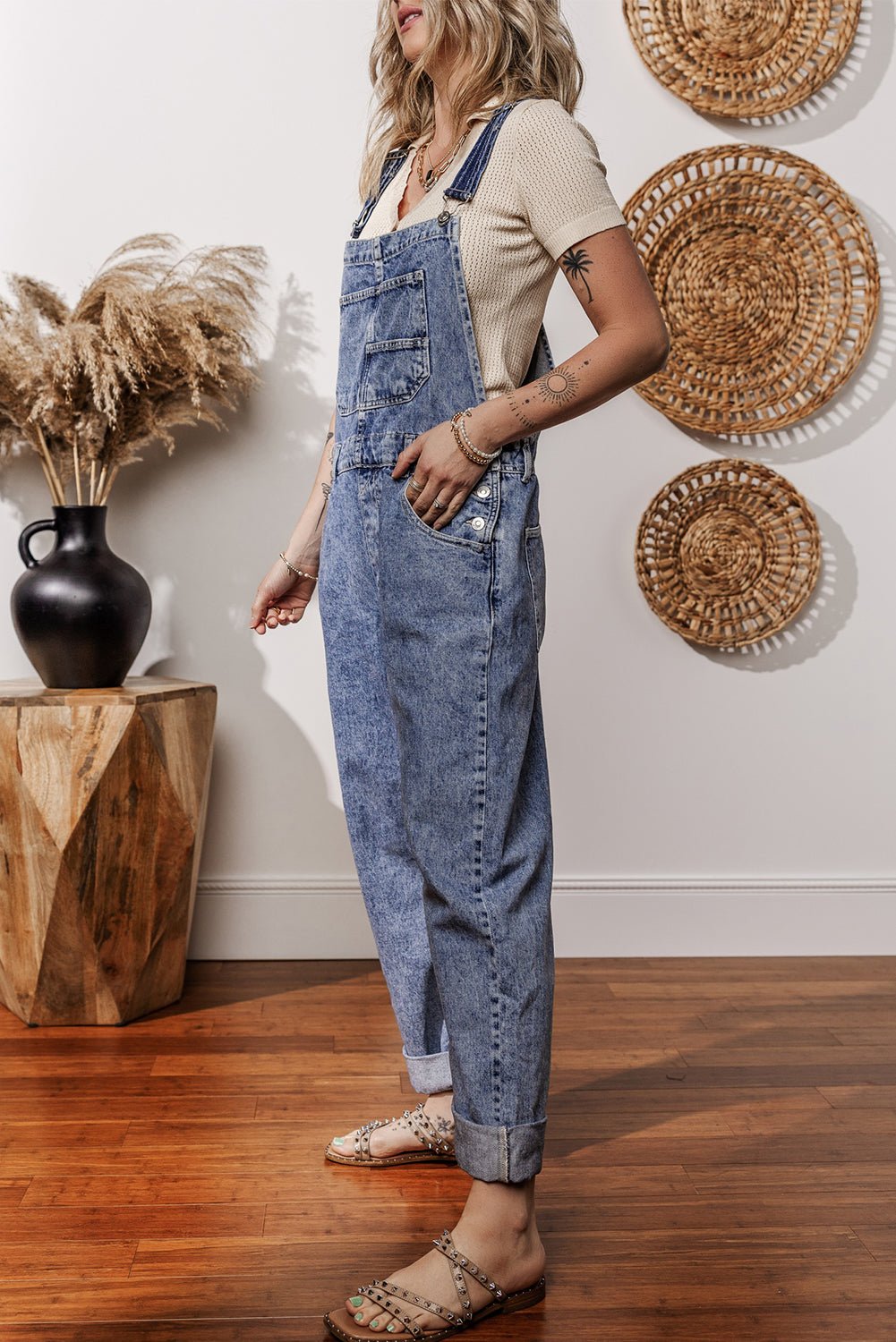 Sail Blue Straight Leg Pockets Denim Bib Overall - MAD RUFFI