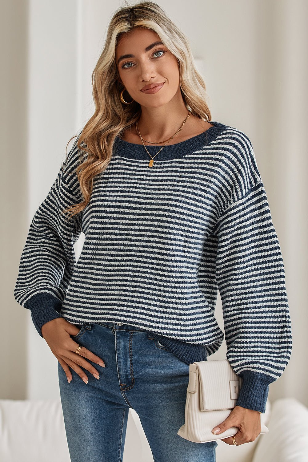 Sail Blue Striped Drop Shoulder Lantern Sleeve Sweater - MAD RUFFI
