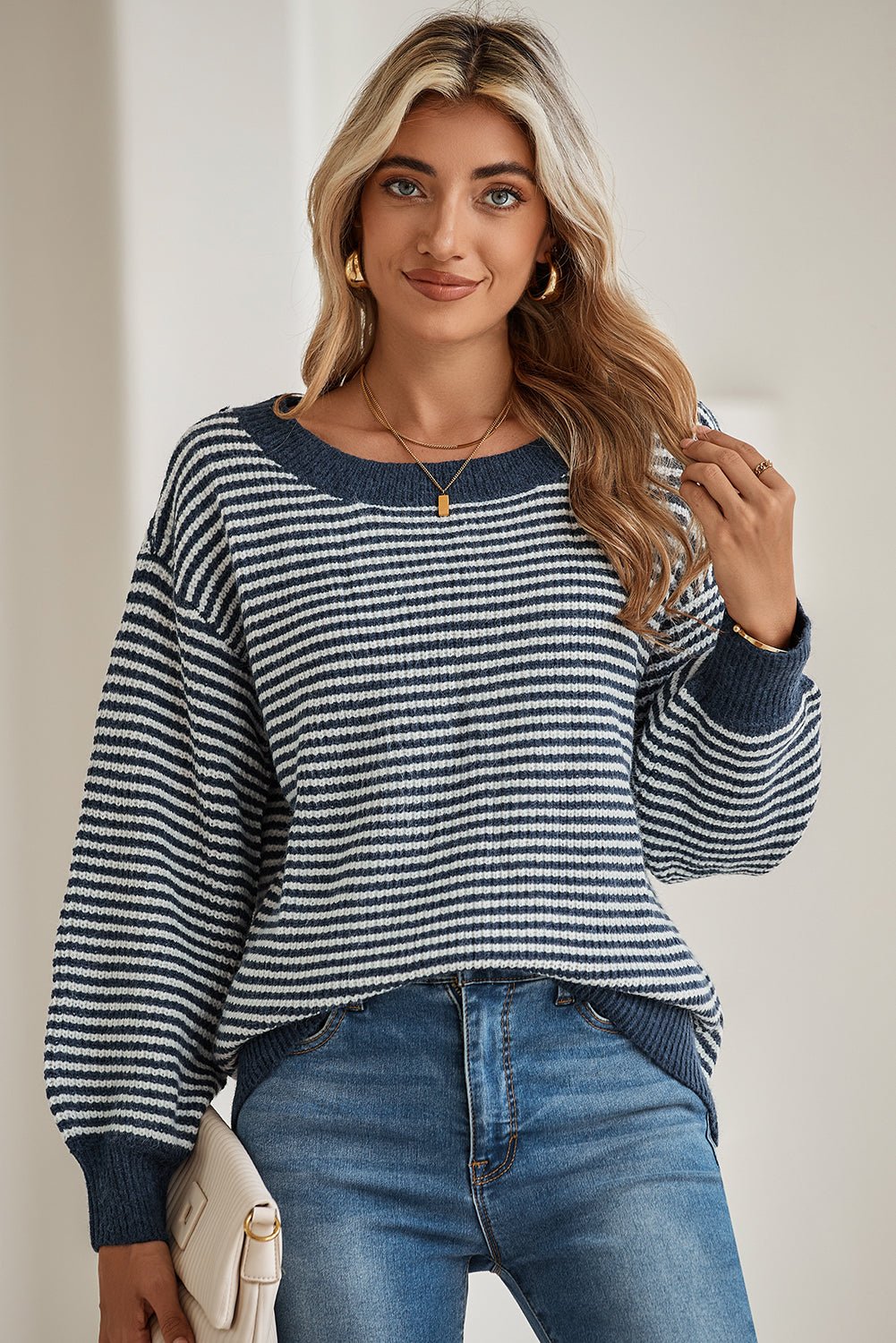 Sail Blue Striped Drop Shoulder Lantern Sleeve Sweater - MAD RUFFI