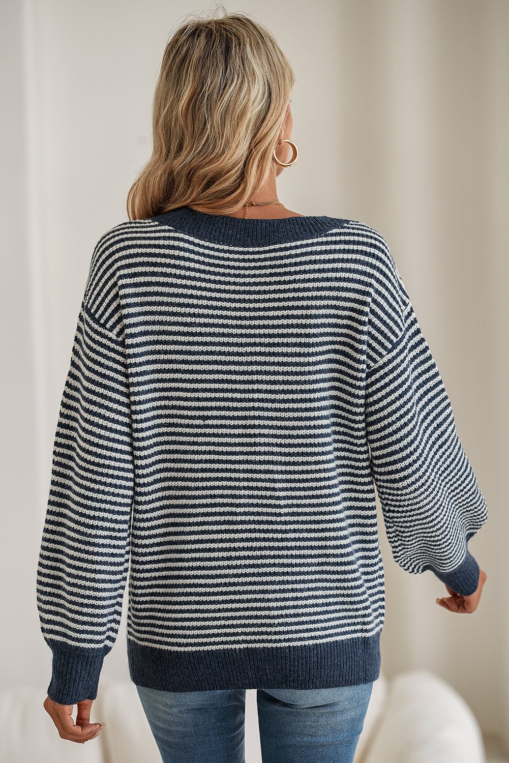 Sail Blue Striped Drop Shoulder Lantern Sleeve Sweater - MAD RUFFI