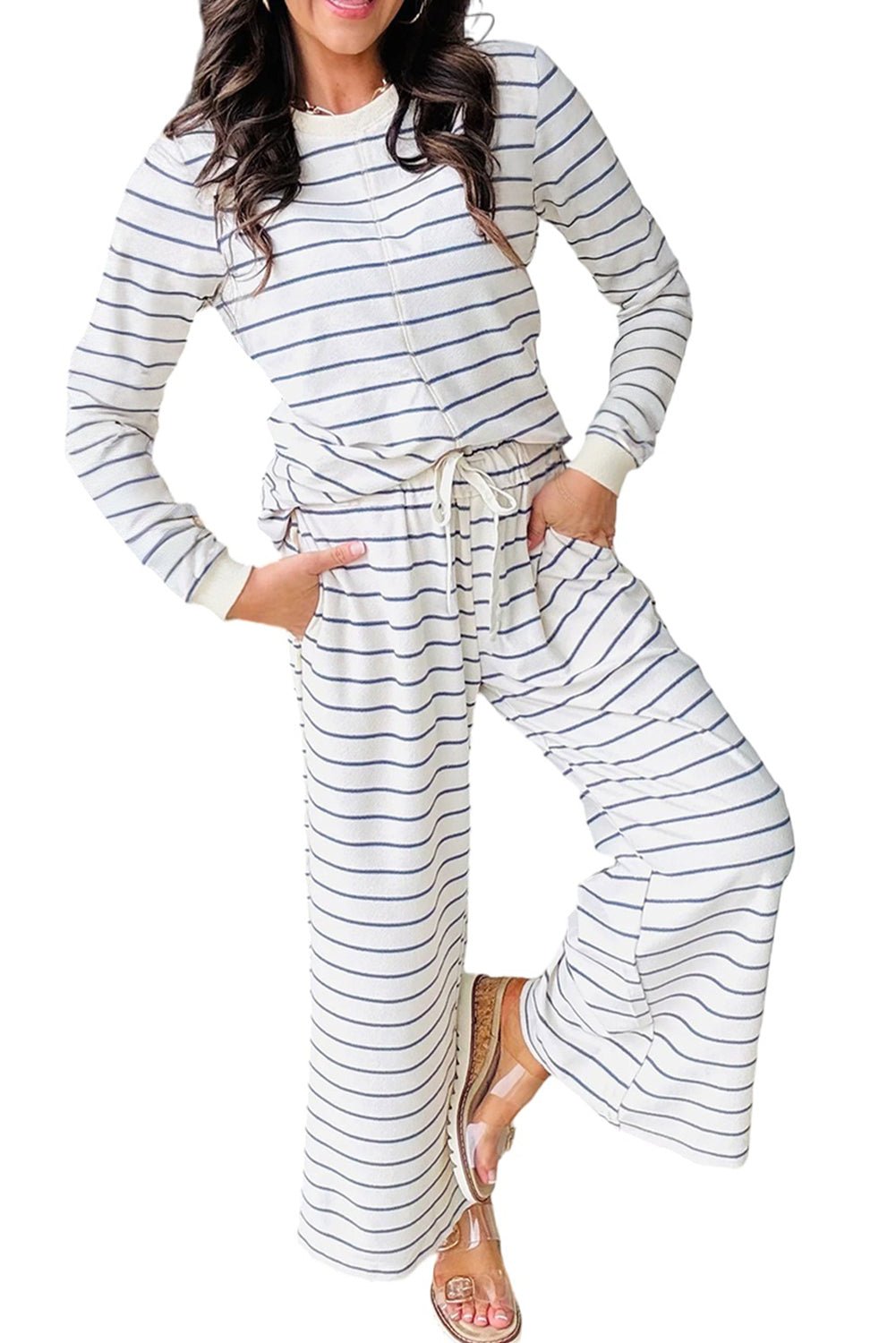 Sail Blue Striped Long Sleeve Pullover and Wide Leg Pants Set - MAD RUFFI