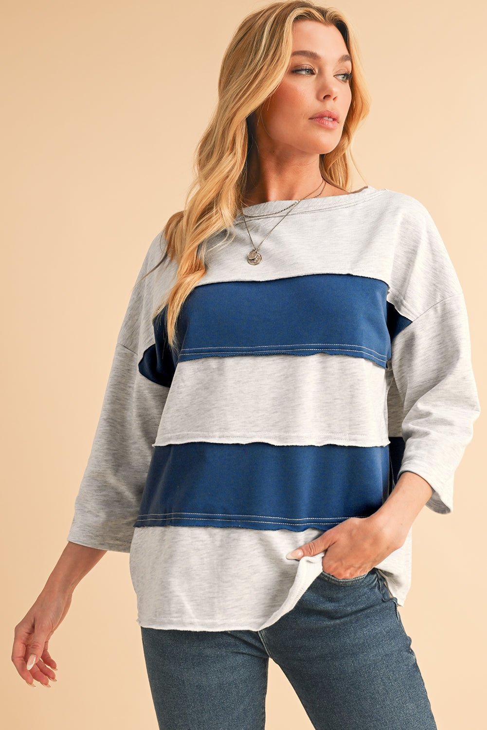 Sail Blue Striped Patchwork 3/4 Sleeves Raw Edge Sweatshirt - MAD RUFFI