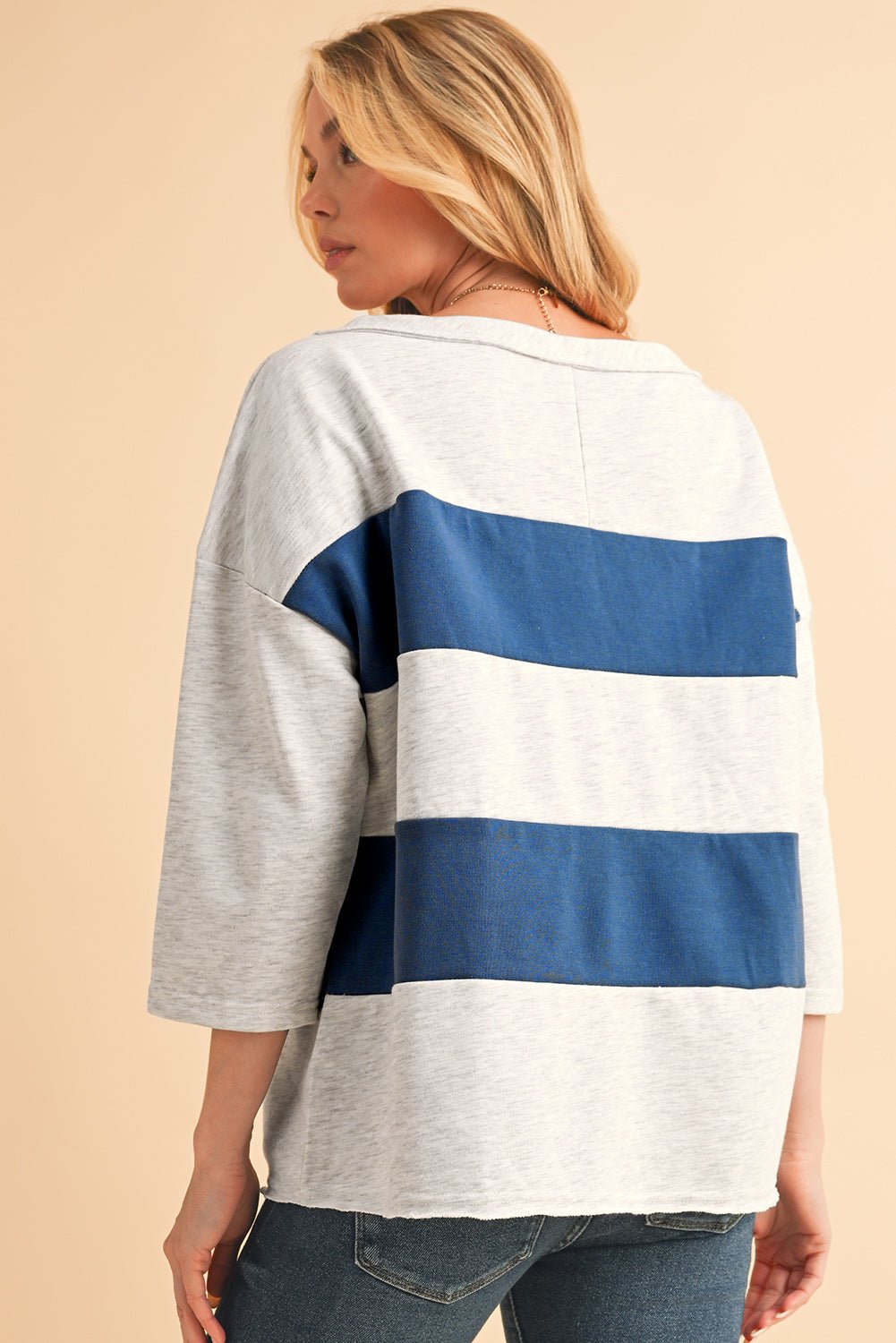 Sail Blue Striped Patchwork 3/4 Sleeves Raw Edge Sweatshirt - MAD RUFFI
