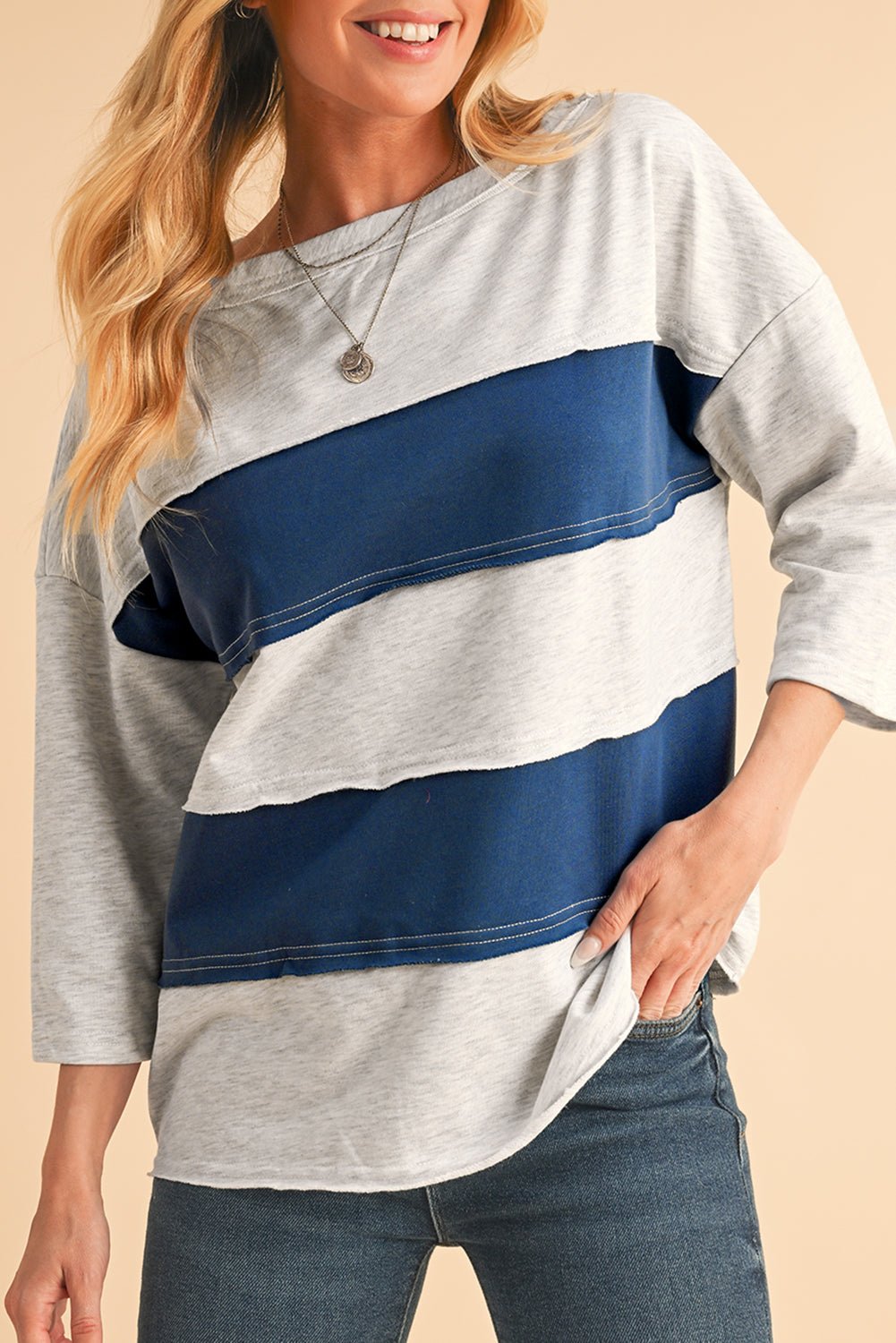 Sail Blue Striped Patchwork 3/4 Sleeves Raw Edge Sweatshirt - MAD RUFFI