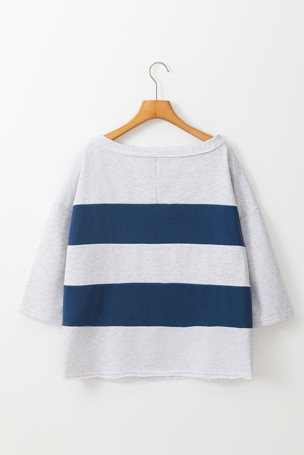 Sail Blue Striped Patchwork 3/4 Sleeves Raw Edge Sweatshirt - MAD RUFFI