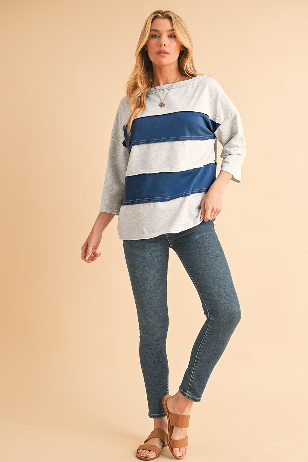 Sail Blue Striped Patchwork 3/4 Sleeves Raw Edge Sweatshirt - MAD RUFFI