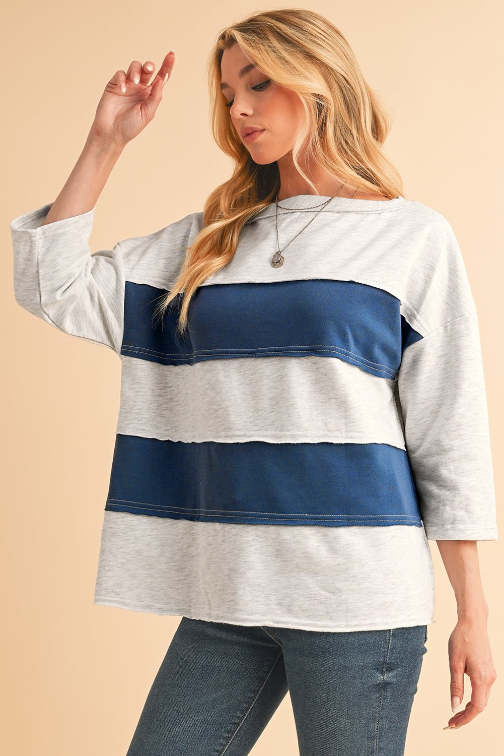 Sail Blue Striped Patchwork 3/4 Sleeves Raw Edge Sweatshirt - MAD RUFFI
