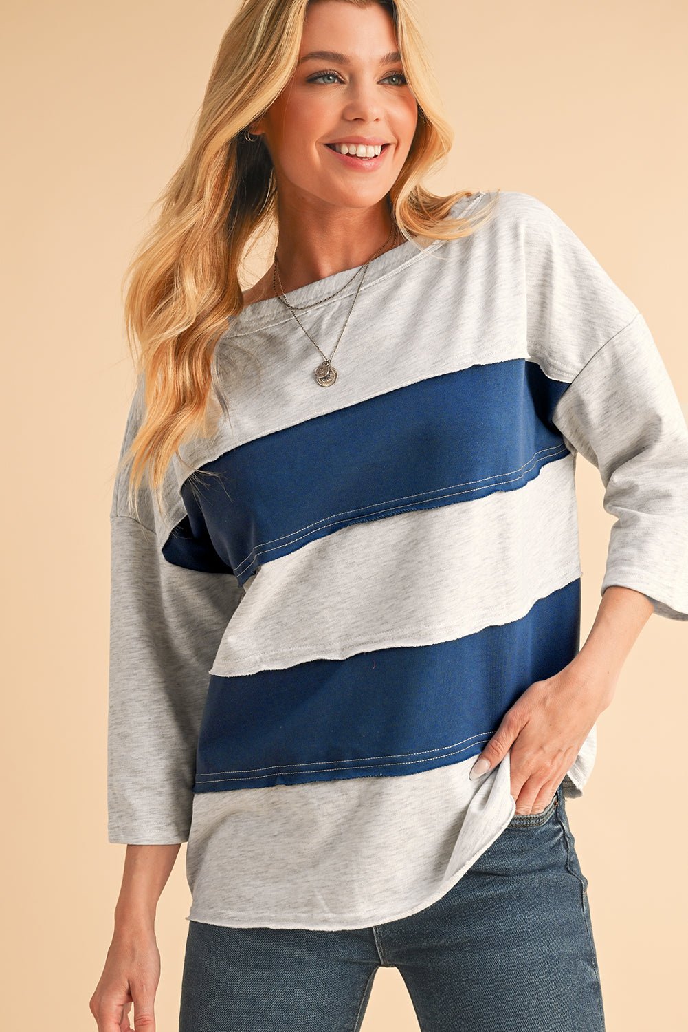 Sail Blue Striped Patchwork 3/4 Sleeves Raw Edge Sweatshirt - MAD RUFFI