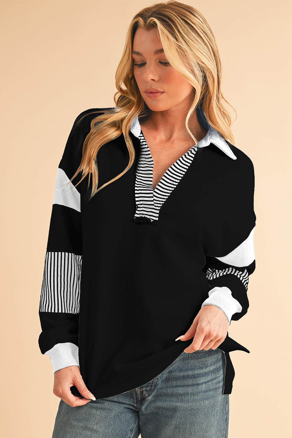 Sail Blue Striped Patchwork Collar Sweatshirt - Black / S - Sweatshirts & Hoodies