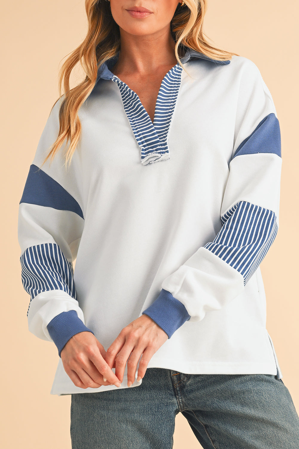 Sail Blue Striped Patchwork Collar Sweatshirt - Dark Blue / S - Sweatshirts & Hoodies