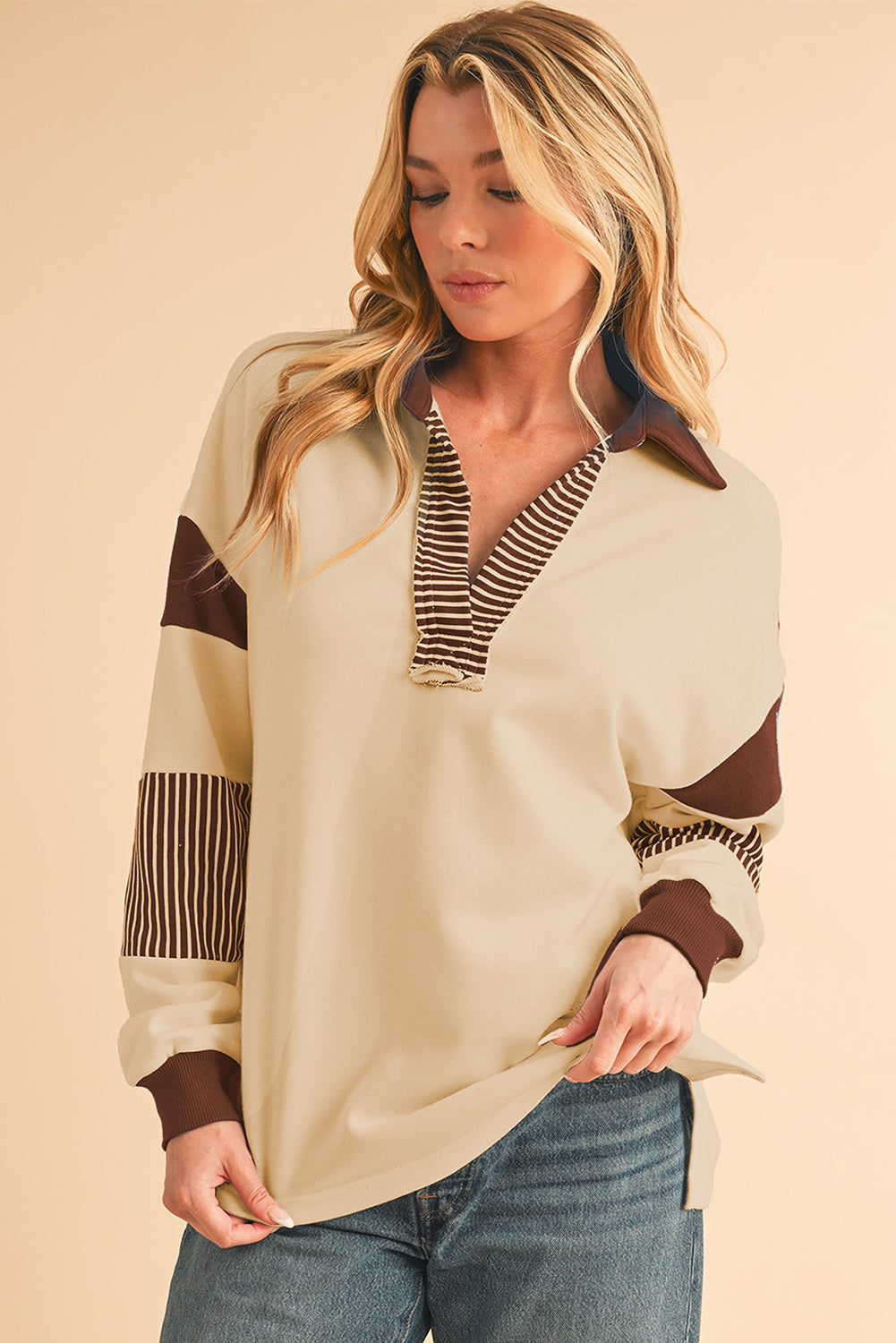 Sail Blue Striped Patchwork Collar Sweatshirt - Light French Beige / S - Sweatshirts & Hoodies