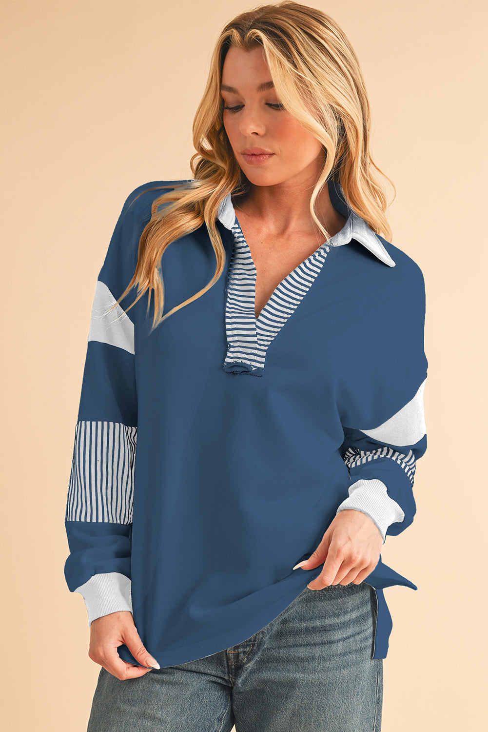 Sail Blue Striped Patchwork Collar Sweatshirt - Sail Blue / S - Sweatshirts & Hoodies