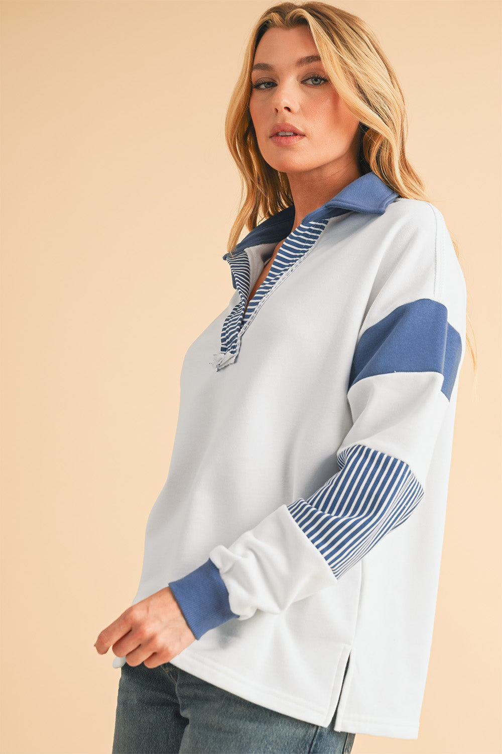 Sail Blue Striped Patchwork Collar Sweatshirt - Sweatshirts & Hoodies